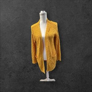 Mustard Yellow Popcorn Cardigan Sweater with Pockets Small